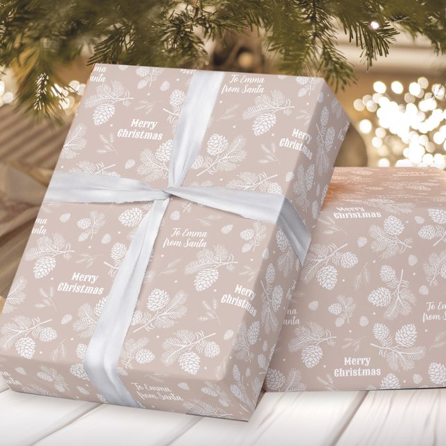 Pine Cone Pattern Beige White Name Text Christmas Wrapping Paper (Pine Cone Pattern Beige White Name Text Christmas Wrapping Paper)