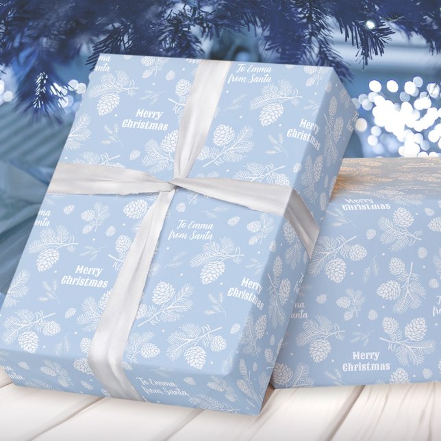 Pine Cone Pattern Blue Name Text Christmas Wrapping Paper (Pine Cone Pattern Blue Name Text Christmas Wrapping Paper)