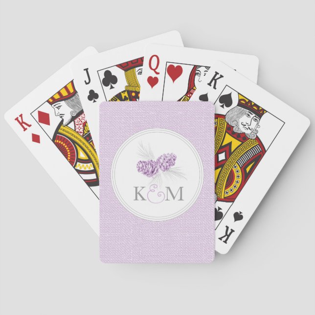 Pine cone purple wedding initial playing cards (Back)