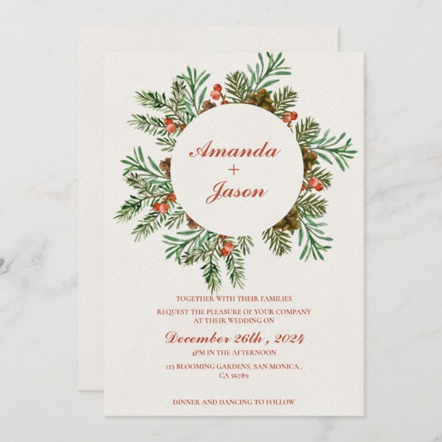 Pine Cone Red Berries Christmas wedding Invitation (Front/Back)
