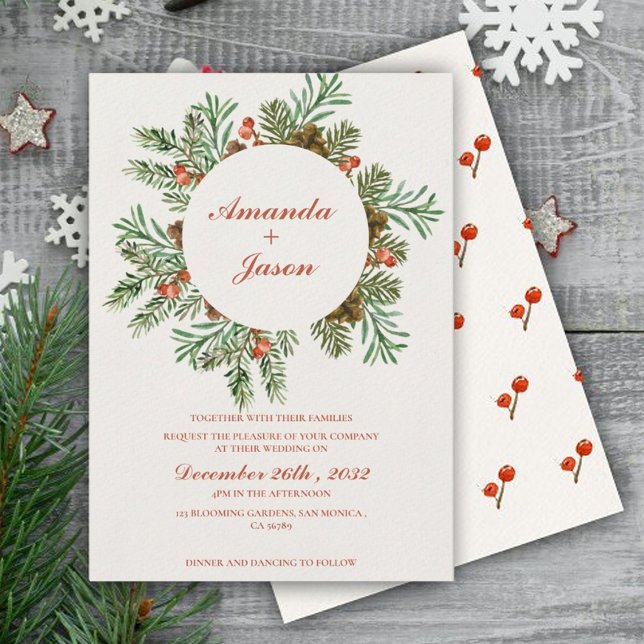 Pine Cone Red Berries Noël faire-part de mariage (Pine Cone Red Berries Christmas wedding Invitation)
