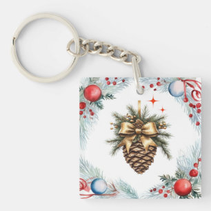 Pine Cone Surrounded By Wreath And Ornaments Keychain