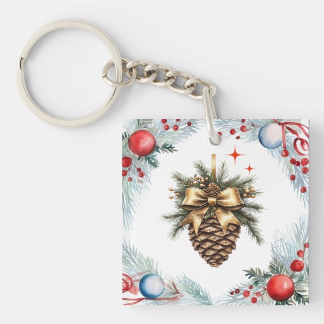 Pine Cone Surrounded By Wreath And Ornaments Keychain (Front)