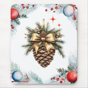 Pine Cone Surrounded By Wreath And Ornaments Mouse Pad