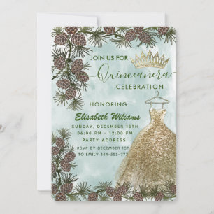 Pine cone watercolor gold tiara Quinceañera  Invitation