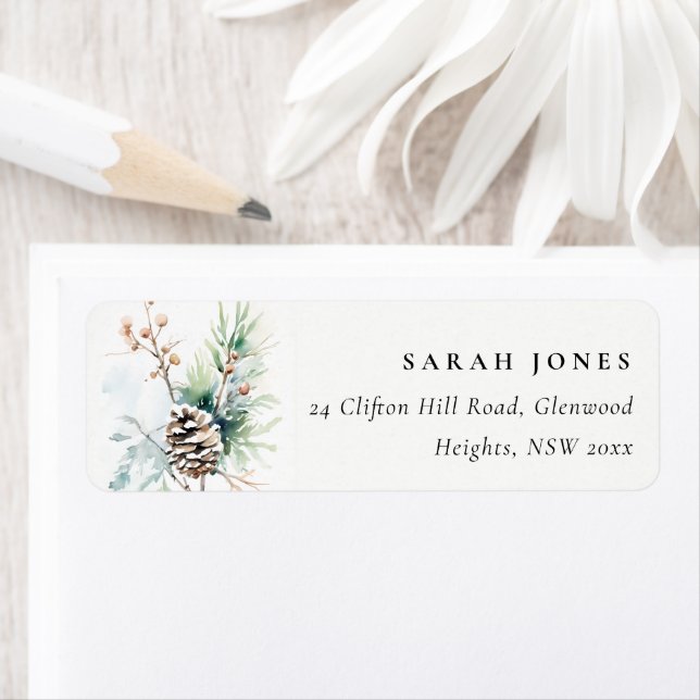 Pine Cone Watercolor Winter Berries Address (Insitu)