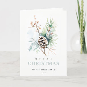 Pine Cone Watercolor Winter Berries Christmas Holiday Card