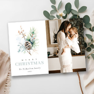 Pine Cone Watercolor Winter Berry Christmas Photo Holiday Card