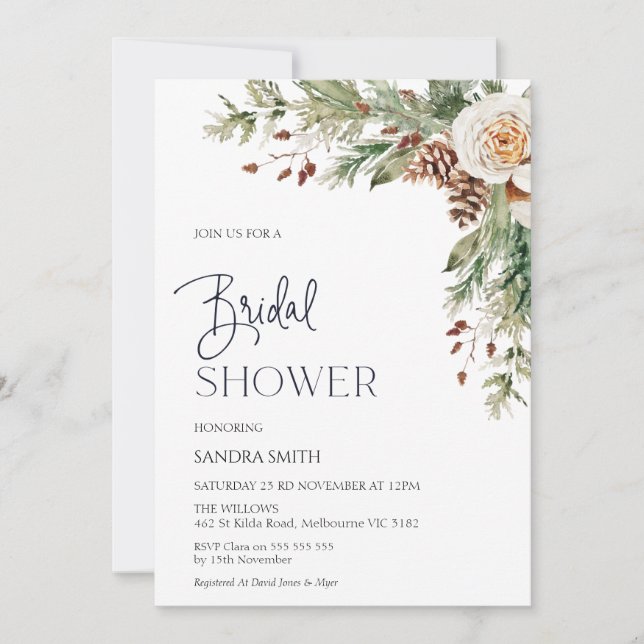 Pine Cone Winter Floral Bridal Shower Invitation (Front)