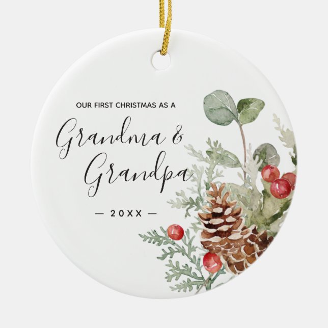 Pine Cone Wreath Grandma Grandpa First Christmas  Ceramic Ornament (Front)