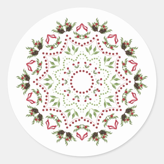 Pine cones and berries mandala round sticker (Front)