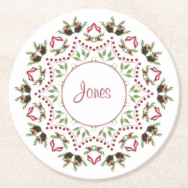 Pine cones and berries paper coaster personalized (Front)