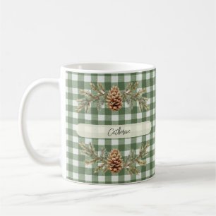 Pine Cones and Branches Personalized Gingham  Coffee Mug