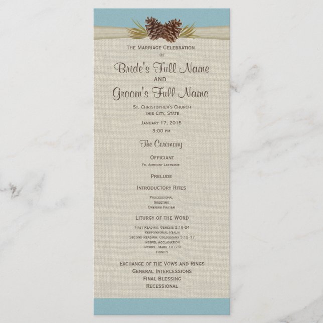 Pine Cones and Burlap Blue Wedding Program (Front)