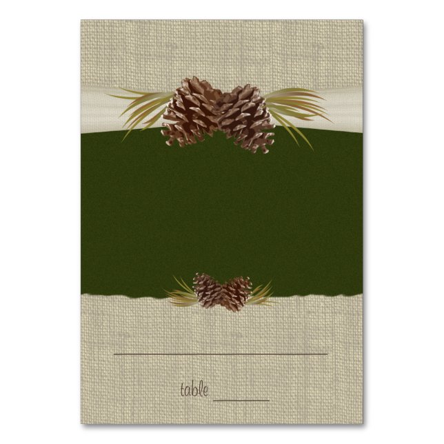 Pine Cones and Burlap Green Seating Card (Front)