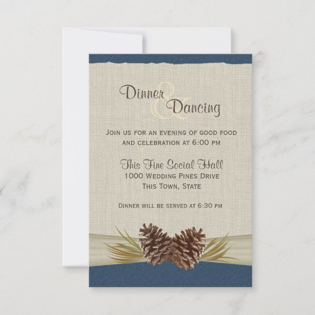 Pine Cones and Burlap Navy Blue Reception Invitation (Front)