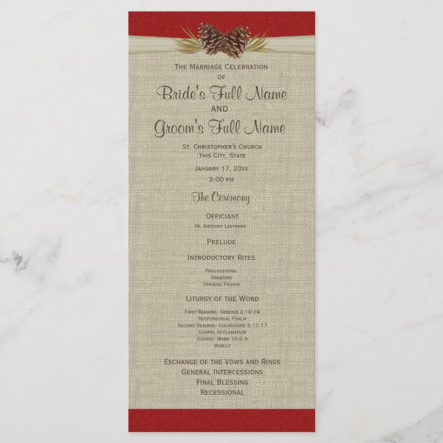 Pine Cones and Burlap Red Wedding Program (Front)