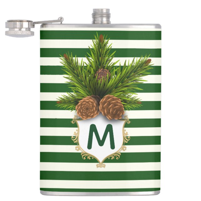 Pine Cones and Green Stripes Monogrammed Flask (Opened)