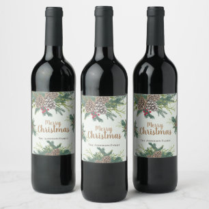 Pine cones and greenery merry christmas wine label