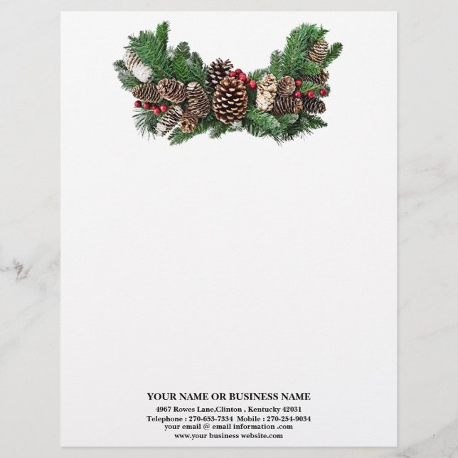 Pine Cones and Holly Berries Business Christmas  Letterhead (Front)