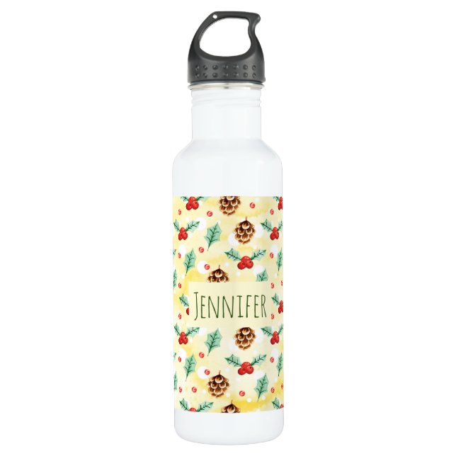 Pine Cones and Holly Christmas Pattern 710 Ml Water Bottle (Front)