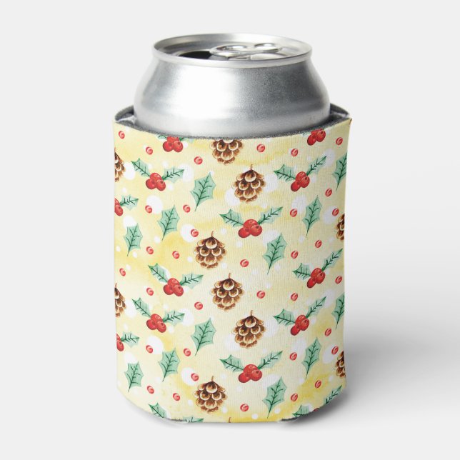 Pine Cones and Holly Christmas Pattern Can Cooler (Can Front)
