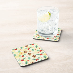 Pine Cones and Holly Christmas Pattern Coaster