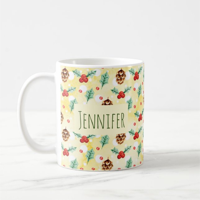 Pine Cones and Holly Christmas Pattern Coffee Mug (Left)