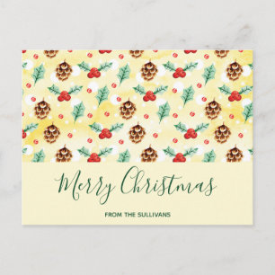 Pine Cones and Holly Christmas Pattern Holiday Postcard