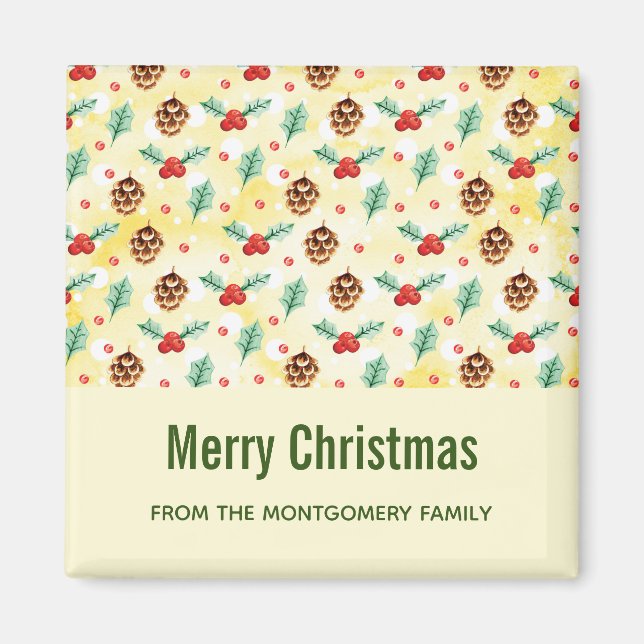 Pine Cones and Holly Christmas Pattern Magnet (Front)