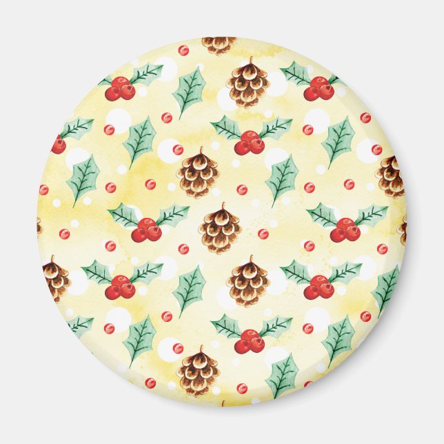 Pine Cones and Holly Christmas Pattern Magnet (Front)