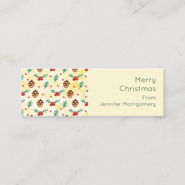 Pine Cones and Holly Christmas Pattern Mini Business Card (Front)