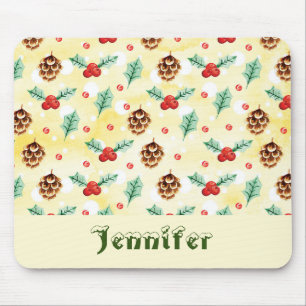 Pine Cones and Holly Christmas Pattern Mouse Pad