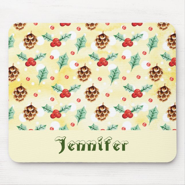 Pine Cones and Holly Christmas Pattern Mouse Pad (Front)