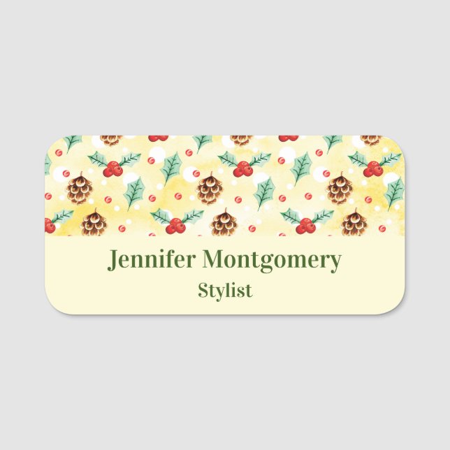 Pine Cones and Holly Christmas Pattern Name Tag (Front)