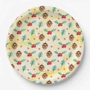Pine Cones and Holly Christmas Pattern Paper Plate