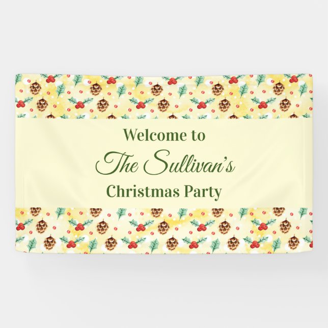 Pine Cones and Holly Christmas Pattern Party Banner (Horizontal)