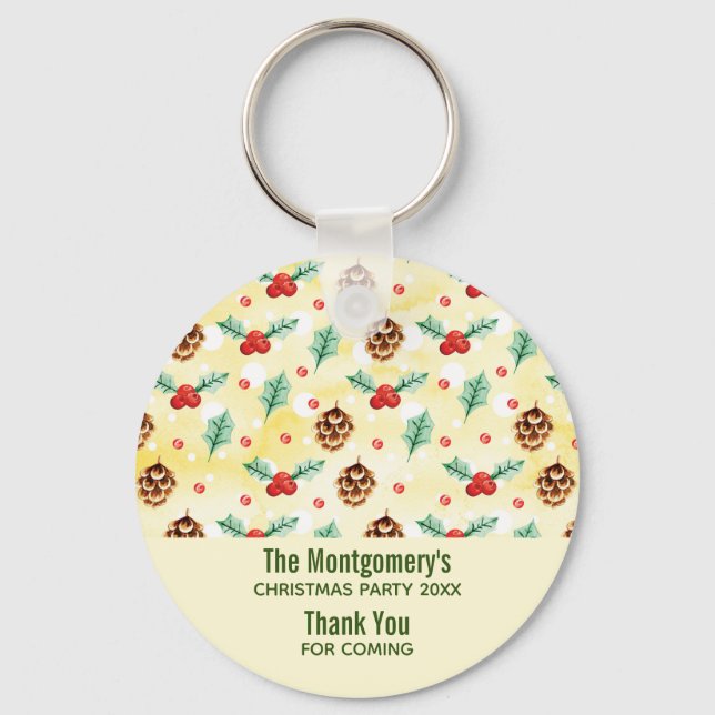 Pine Cones and Holly Christmas Pattern Party Favou Keychain (Front)