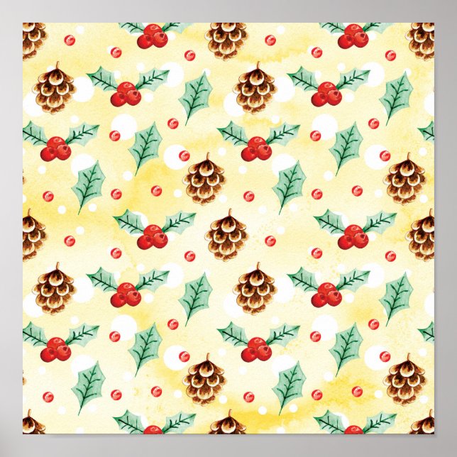 Pine Cones and Holly Christmas Pattern Poster (Front)