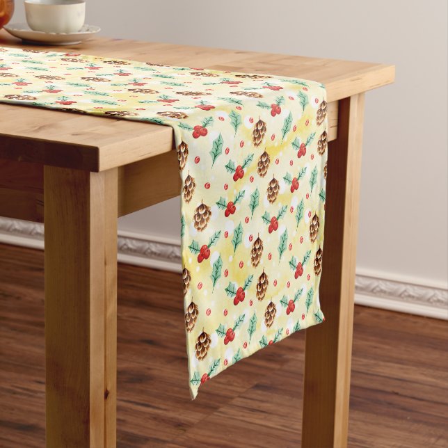 Pine Cones and Holly Christmas Pattern Short Table Runner (In Situ)