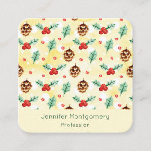 Pine Cones and Holly Christmas Pattern Square Business Card