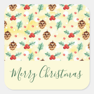 Pine Cones and Holly Christmas Pattern Square Sticker