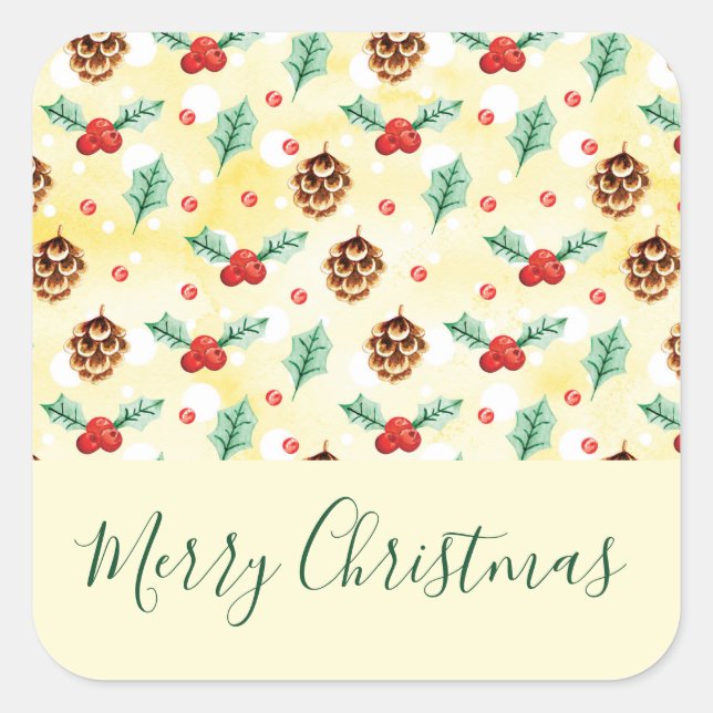 Pine Cones and Holly Christmas Pattern Square Sticker (Front)