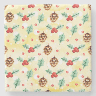 Pine Cones and Holly Christmas Pattern Stone Coaster
