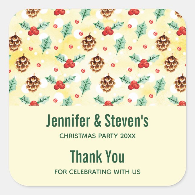 Pine Cones and Holly Christmas Pattern Thank You Square Sticker (Front)