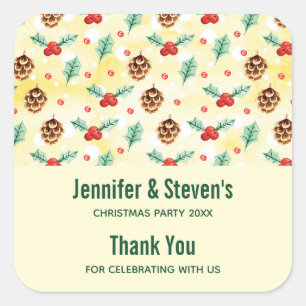 Pine Cones and Holly Christmas Pattern Thank You Square Sticker