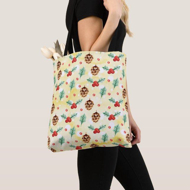 Pine Cones and Holly Christmas Pattern Tote Bag (Close Up)