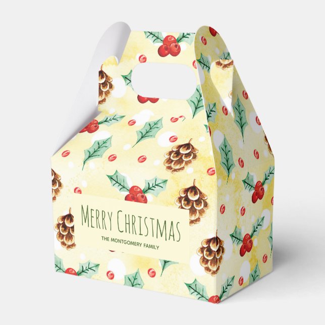 Pine Cones and Holly Pattern Christmas  Favor Box (Front Side)