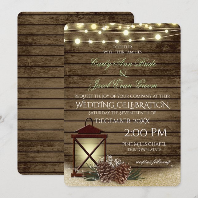 Pine Cones and Lantern Rustic Barnwood Lights Invitation (Front/Back)