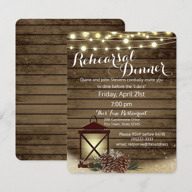 Pine Cones and Lantern Rustic Rehearsal Dinner Invitation (Front/Back)